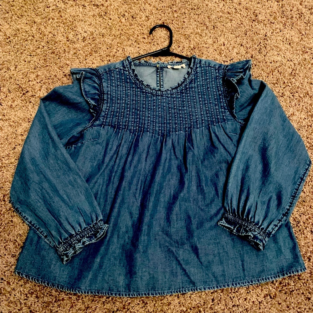 Crewcuts Denim Flare Top with ruffled and pin tuck details. Size 12, Like New